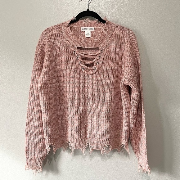 PLANET GOLD- Pink Crew Neck Sweater with Criss Cross Design on Neckline Size M - Picture 1 of 3